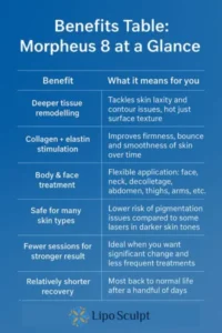 How Often Can I have Morpheus 8? 3 Table showing the benefits of Morpheus 8 treatment from Lipo Sculpt Henley-on-Thames